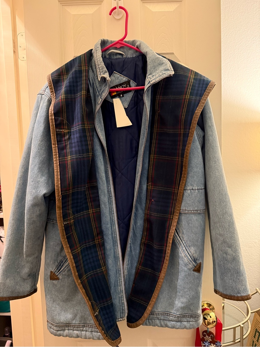 Vintage Light Blue Denim Jacket with Navy Plaid Trim